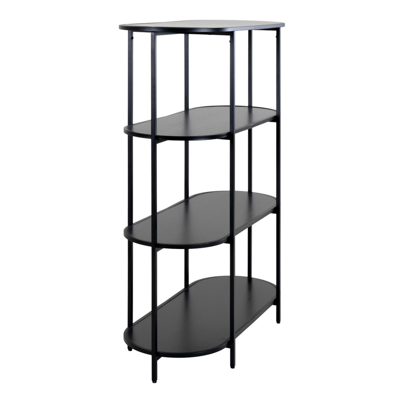 Libreria Vita ovale a 4 ripiani in nero con struttura in acciaio, 85×36×111 cm