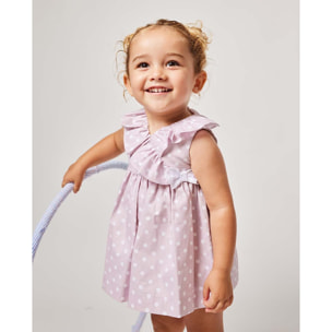 VESTIDO CON VOLANTE ROSA LUNARES BLANCO