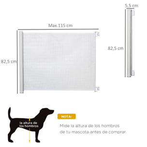 Barrera para Perros Retráctil Puerta para Perros Plegable con Ancho Ajustable 5,5-115 cm Barrera de Seguridad para Perros con Función Enrollado Automático y Asa para Escaleras y Puertas Blanco