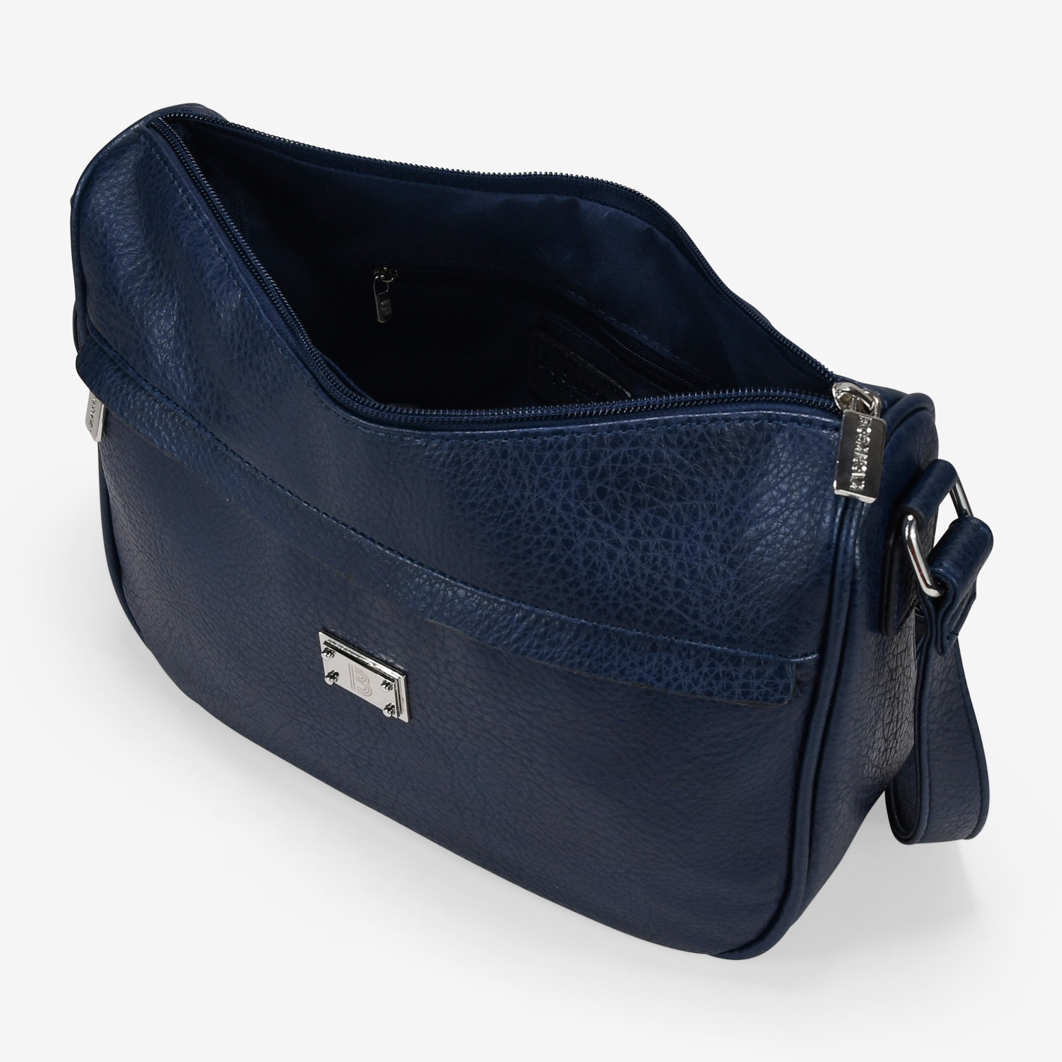 Bolso bandolera azul con bolsillo frontal y logo