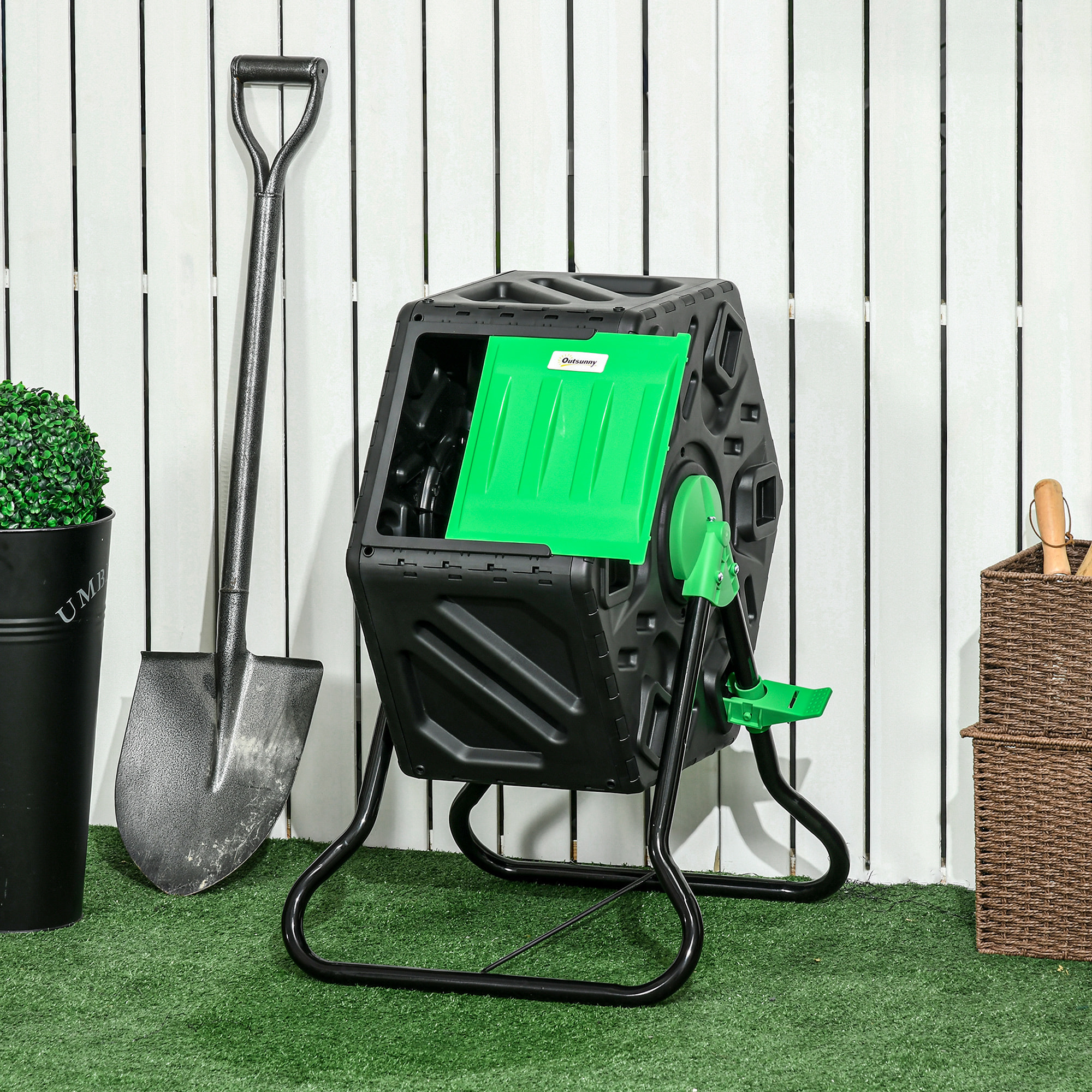 Compostador Giratorio de 65L Contenedor de Compostaje de Jardín de Doble Cámara Compostadora con Aberturas de Ventilación y Patas de Acero 60x49x77 cm Negro