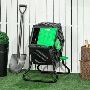 Compostador Giratorio de 65L Contenedor de Compostaje de Jardín de Doble Cámara Compostadora con Aberturas de Ventilación y Patas de Acero 60x49x77 cm Negro