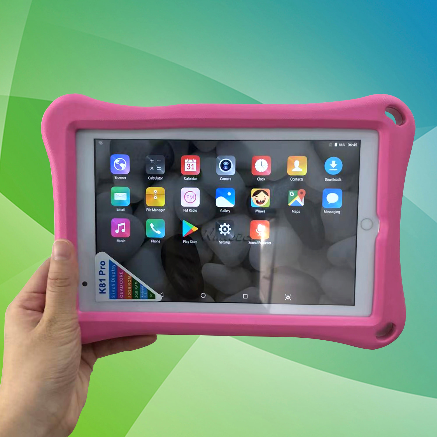 Tablet per bambini K81 PRO 3G WiFi. Sistema operativo Android 8. Schermo da 8'' 1280x800px. MTK6735 Quad Core da 1,3 GHz, 2 GB di RAM + 32 GB. Doppia fotocamera.