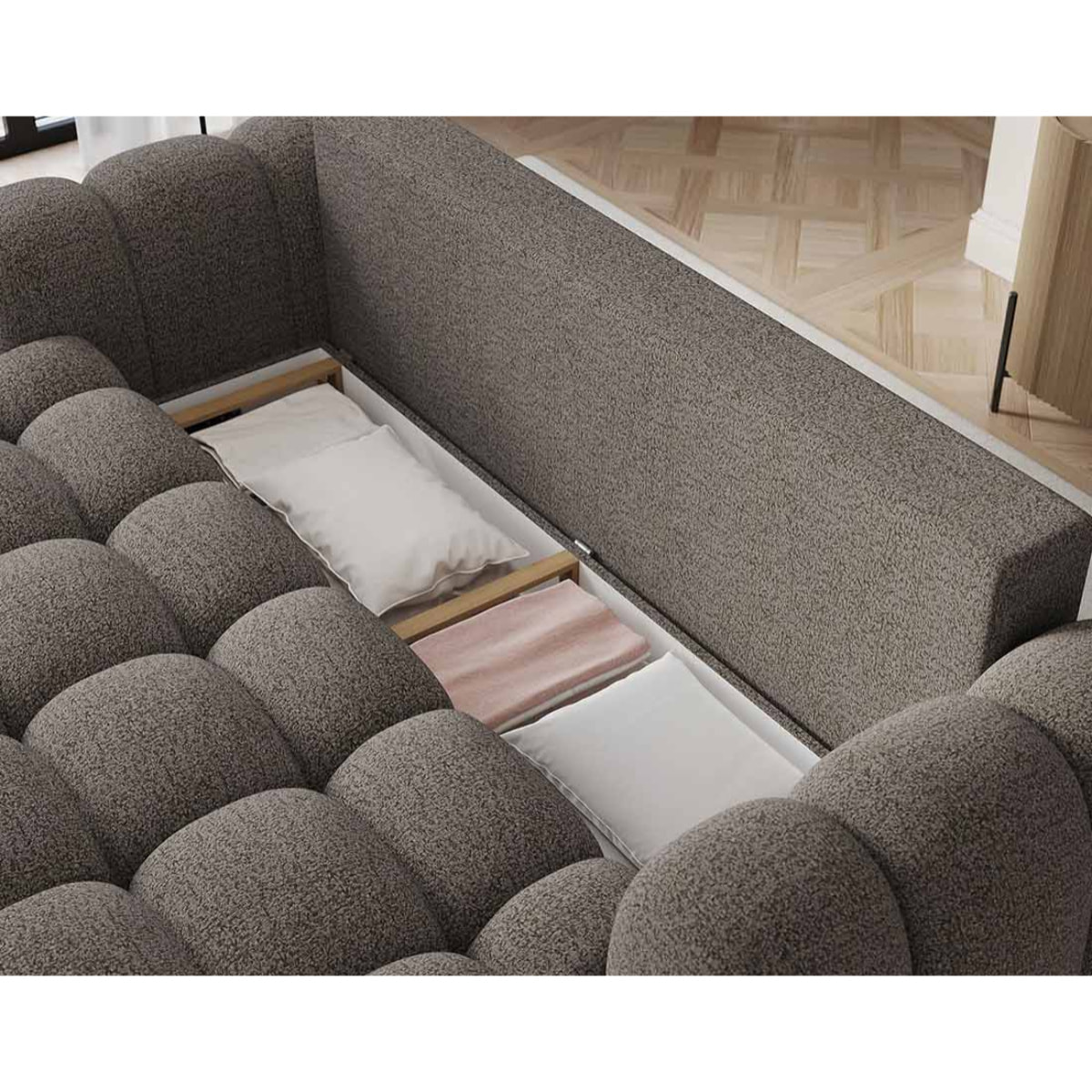 Dorian - Canapé droit 3 places bubble convertible avec coffre en tissu bouclette - Gris