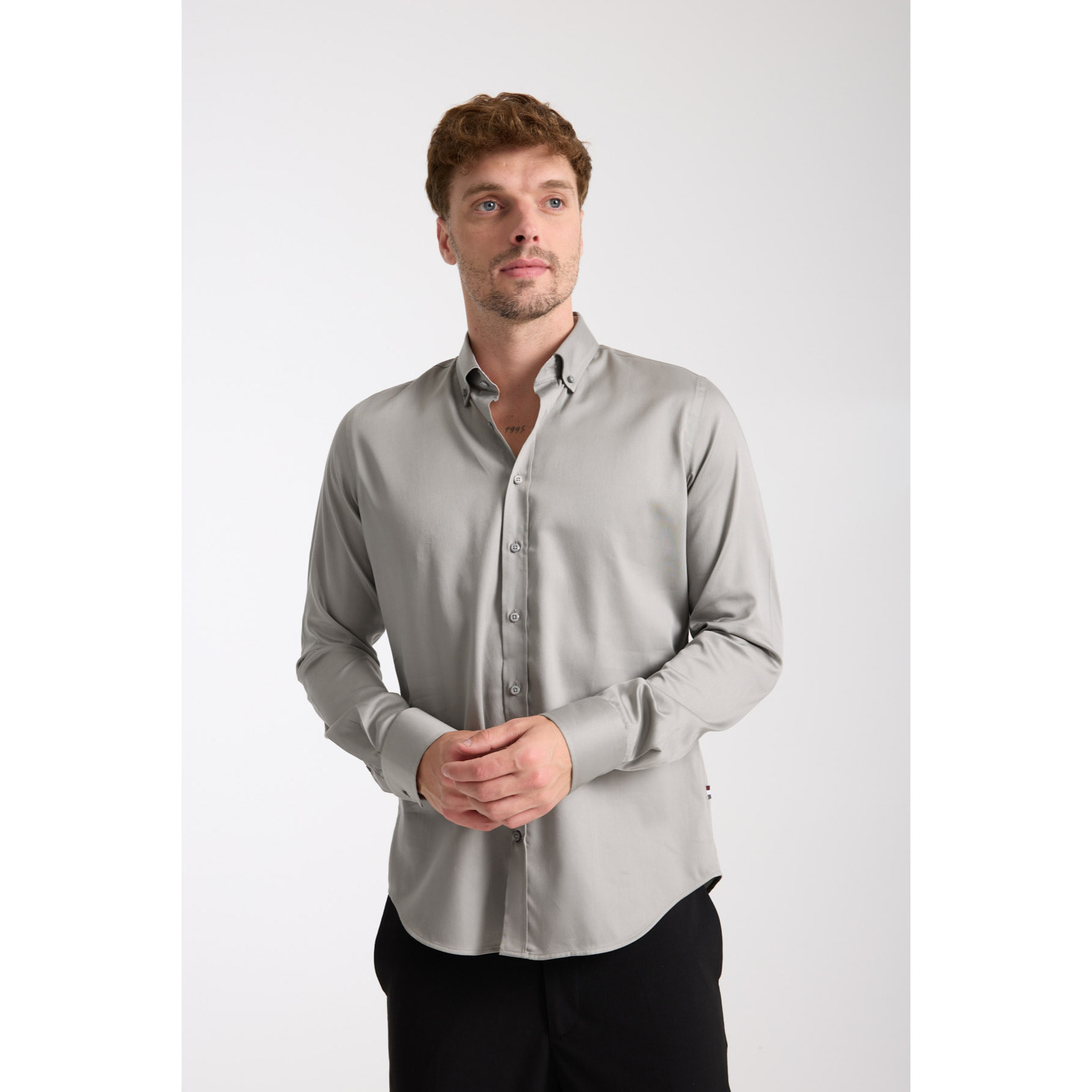 camicia uomo 1 bottone button down slim Satin Unito Grigio Medio