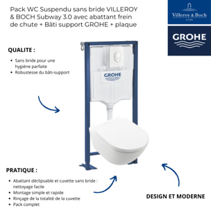 Pack WC Suspendu sans bride VILLEROY & BOCH Subway 3.0 avec abattant frein de chute + Bâti support GROHE + plaque blanche