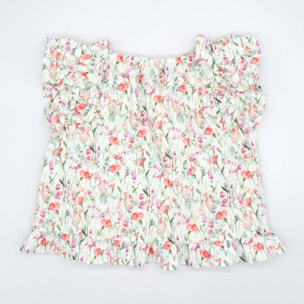 BLUSA CON VOLANTES ESTAMPADA FLORES ROSA
