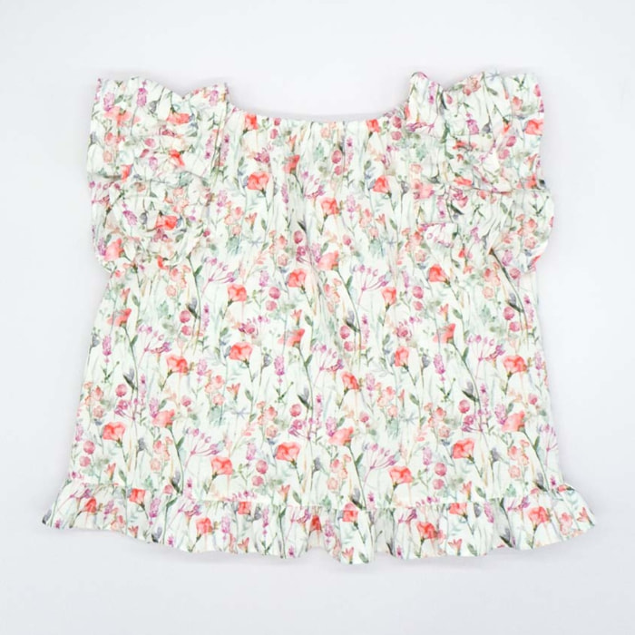 BLUSA CON VOLANTES ESTAMPADA FLORES ROSA