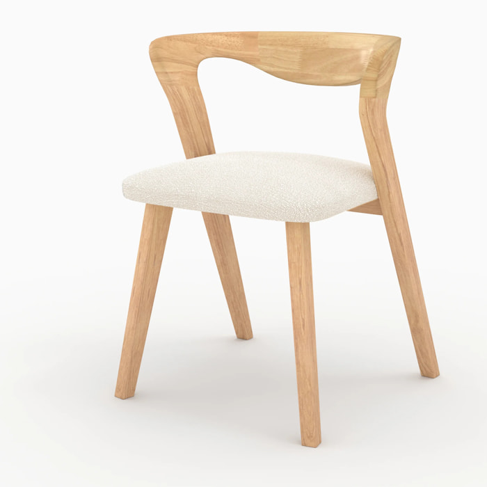 Chaise en bois d'hévéa clair et tissu bouclé crème - Vega