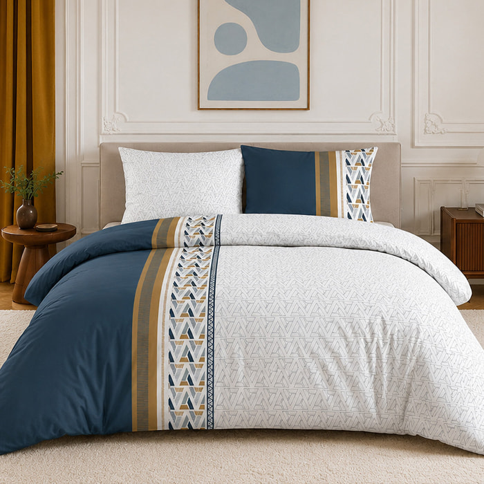 Parure housse de couette 100% percale de coton motif géométrique à triangles - TRIGLIANY