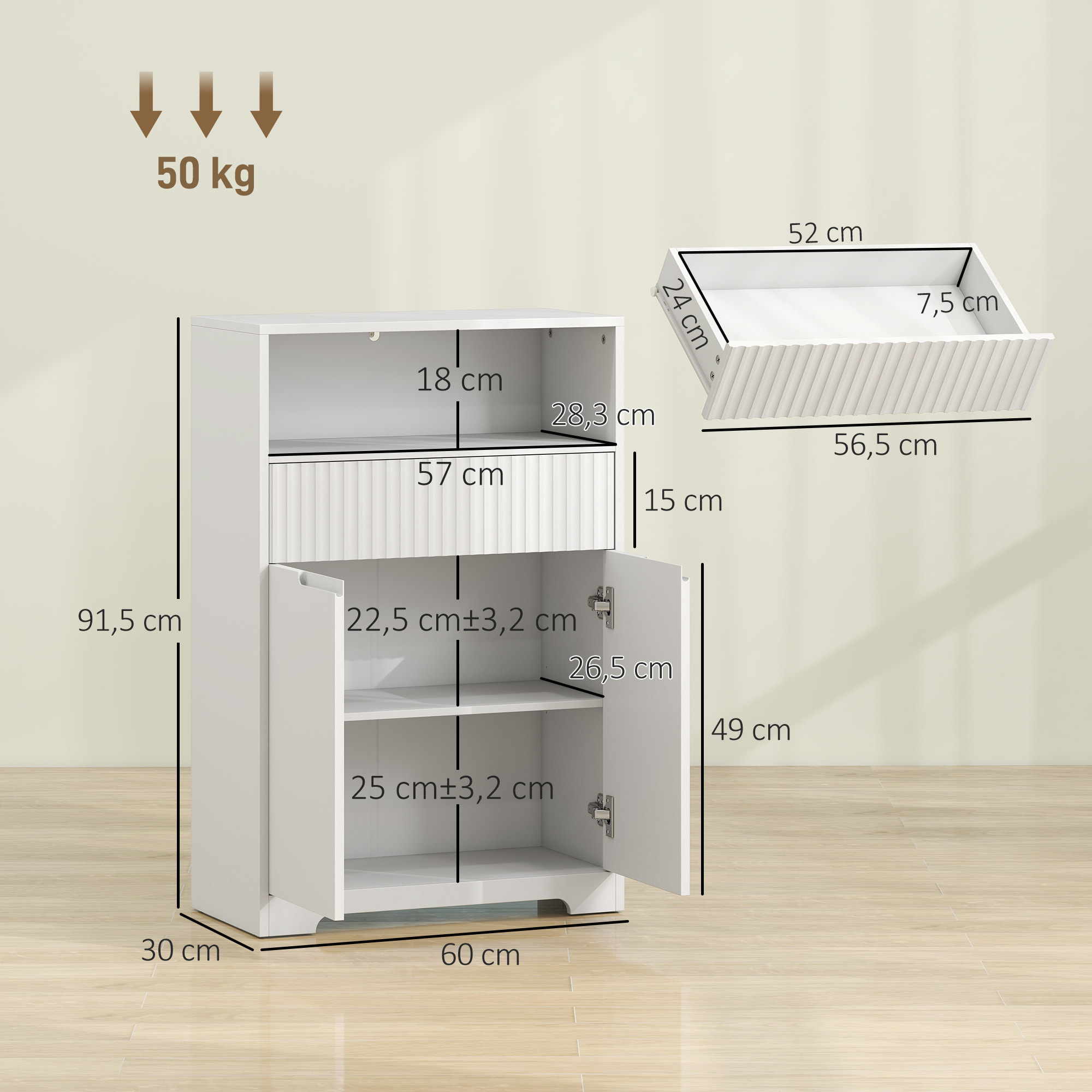 HOMCOM Armario de Baño Estrecho, Mueble de Baño con Cajón de Frontal Acanalado, Estante Abierto, 2 Puertas y Estante Ajustable, Estilo Moderno, 60x30x91,5 cm, Blanco