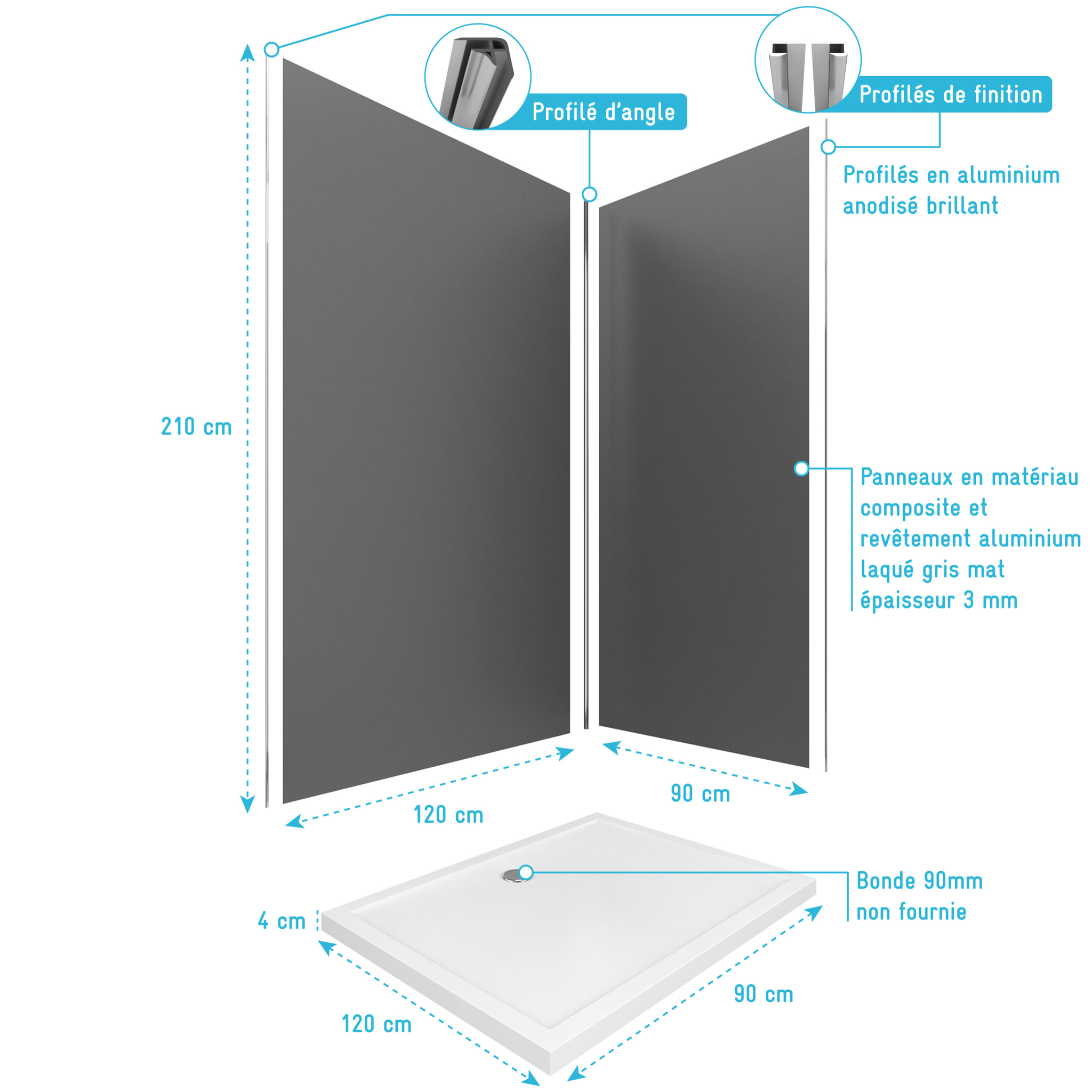 Pack Panneaux Muraux Aluminium Gris 120+90 - Profilés Chromes + Receveur Acrylique 120x90