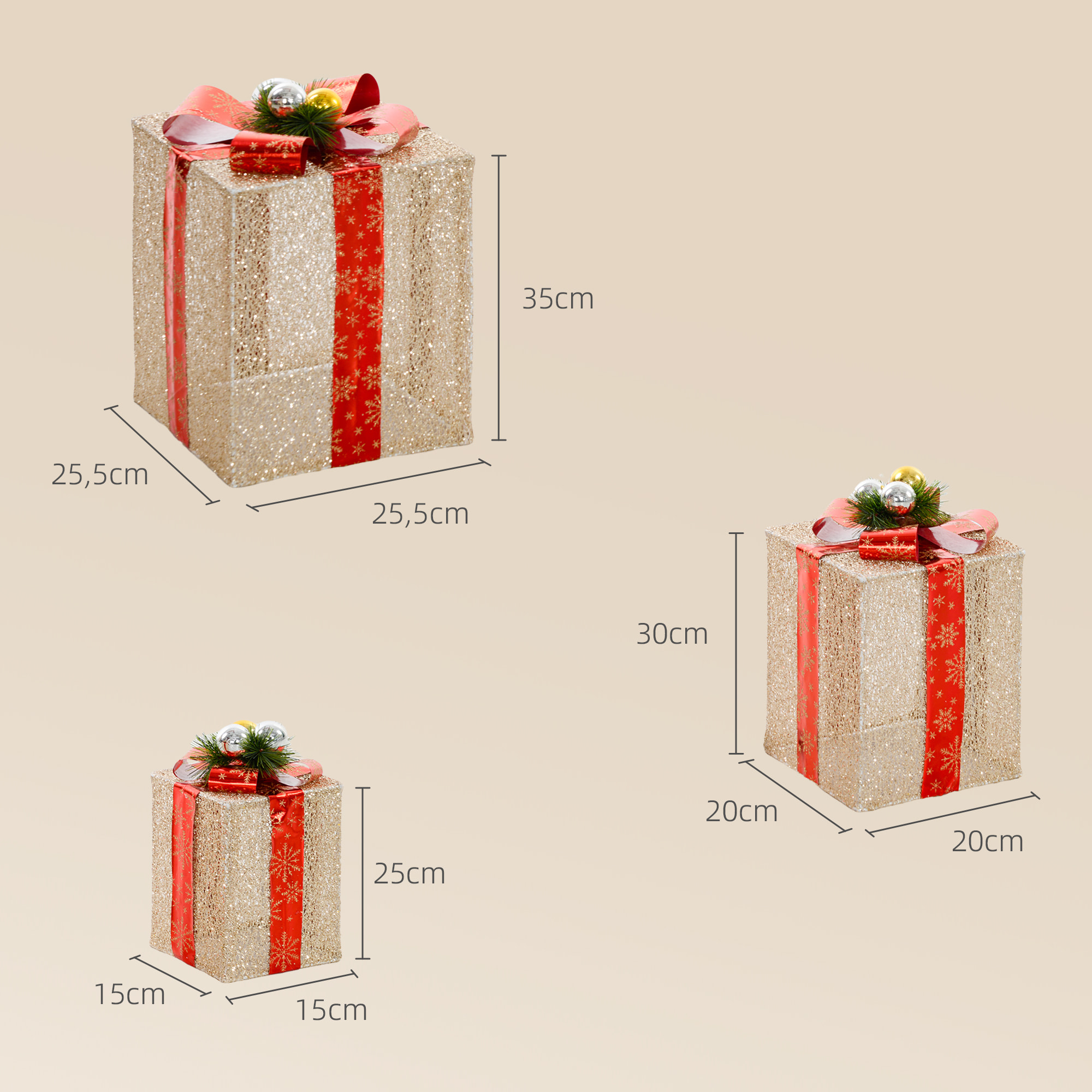 Juego de 3 Cajas de Regalo Navidad con Luces, Adornos Luminosos para Árbol de Navidad con 58 LED Blanco Cálido, Illuminación Navideña para Interior, Exterior y Fiesta, Dorado