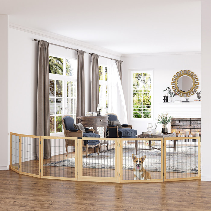 Barrera de Seguridad para Perros de Madera Plegable, para Escaleras y Puertas, Valla para Perros Pequeños y Medianos de 6 Paneles, con Soporte de Pie, para Interiores, 432x36x70 cm, Natural