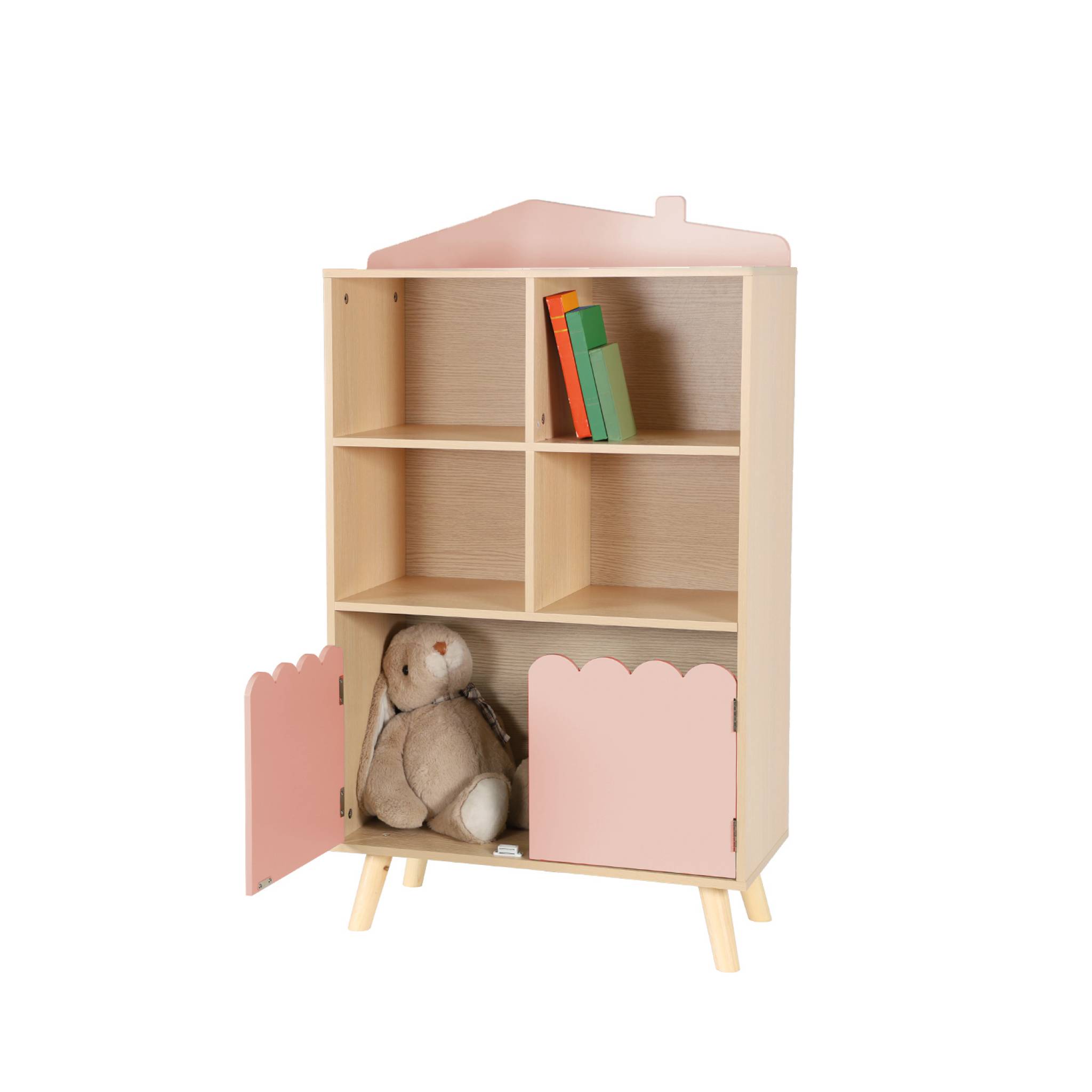 Bibliothèque enfant rose 2 portes et 4 étagères