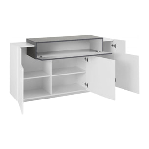 Credenza moderna a 4 ante con ribalta, Made in Italy, Madia da cucina, Buffet di design da soggiorno, cm 160x45h86, colore Bianco lucido e Grigio Cenere