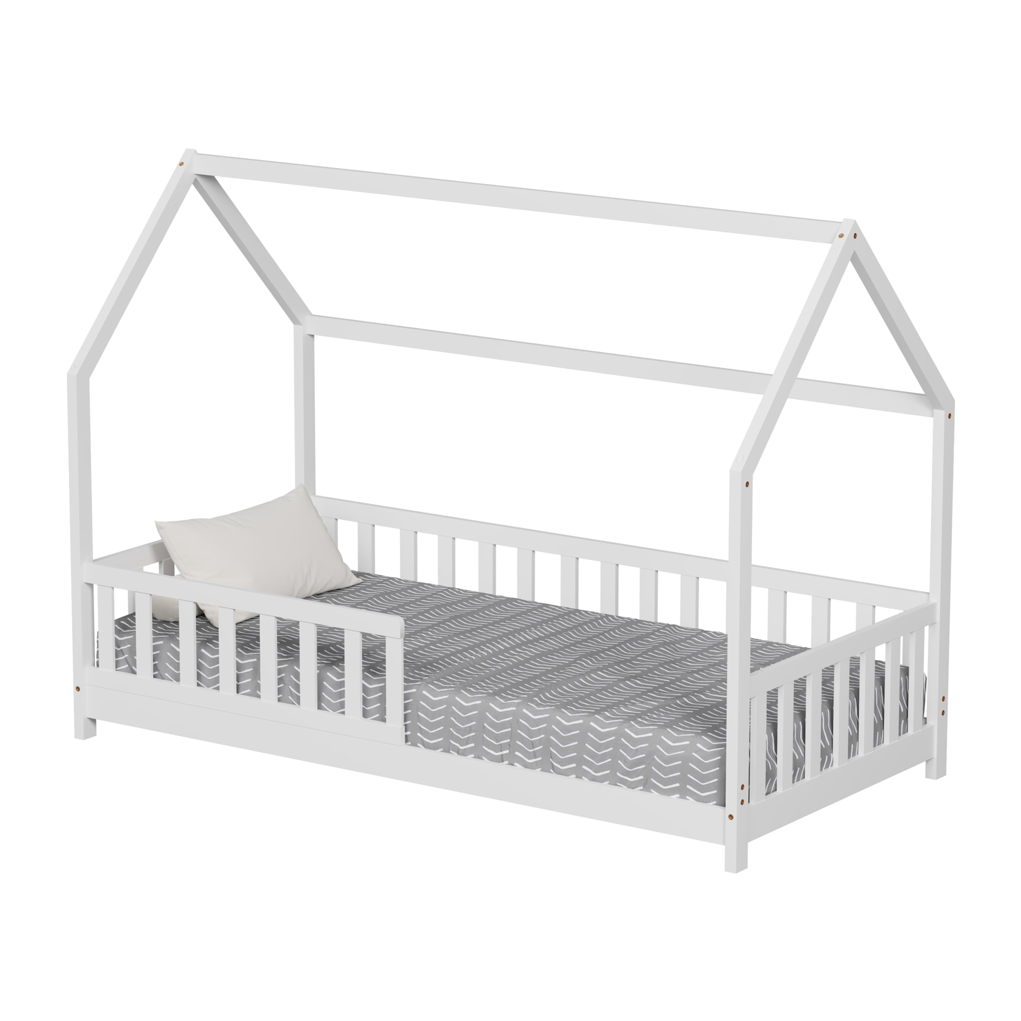 Lit Cabane Tchoupi 90 x 190 cm, Blanc, Bois de Pin Naturel, avec barrières latérales de sécurité