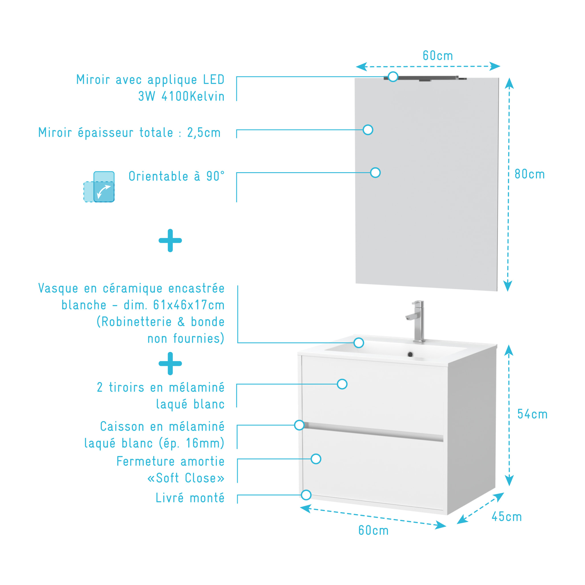 Pack Meuble Salle de Bains 60cm Blanc 2 Tiroirs, Vasque, Miroir 60x80 et réglette Led - XENOS