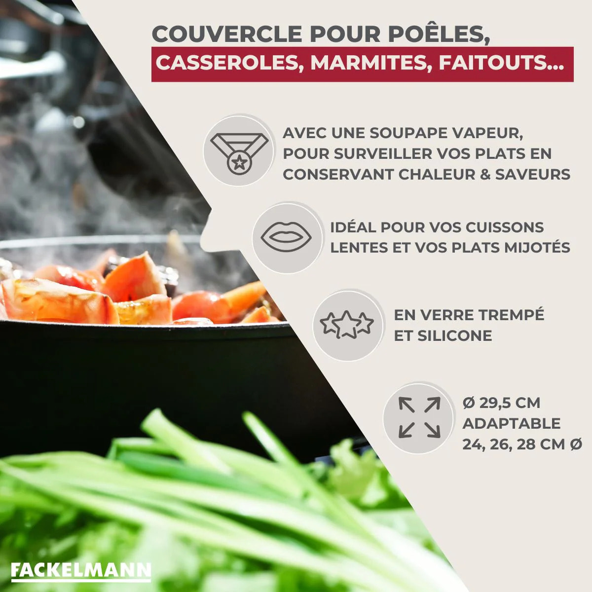 Couvercle de cuisson adaptable en verre et silicone Fackelmann