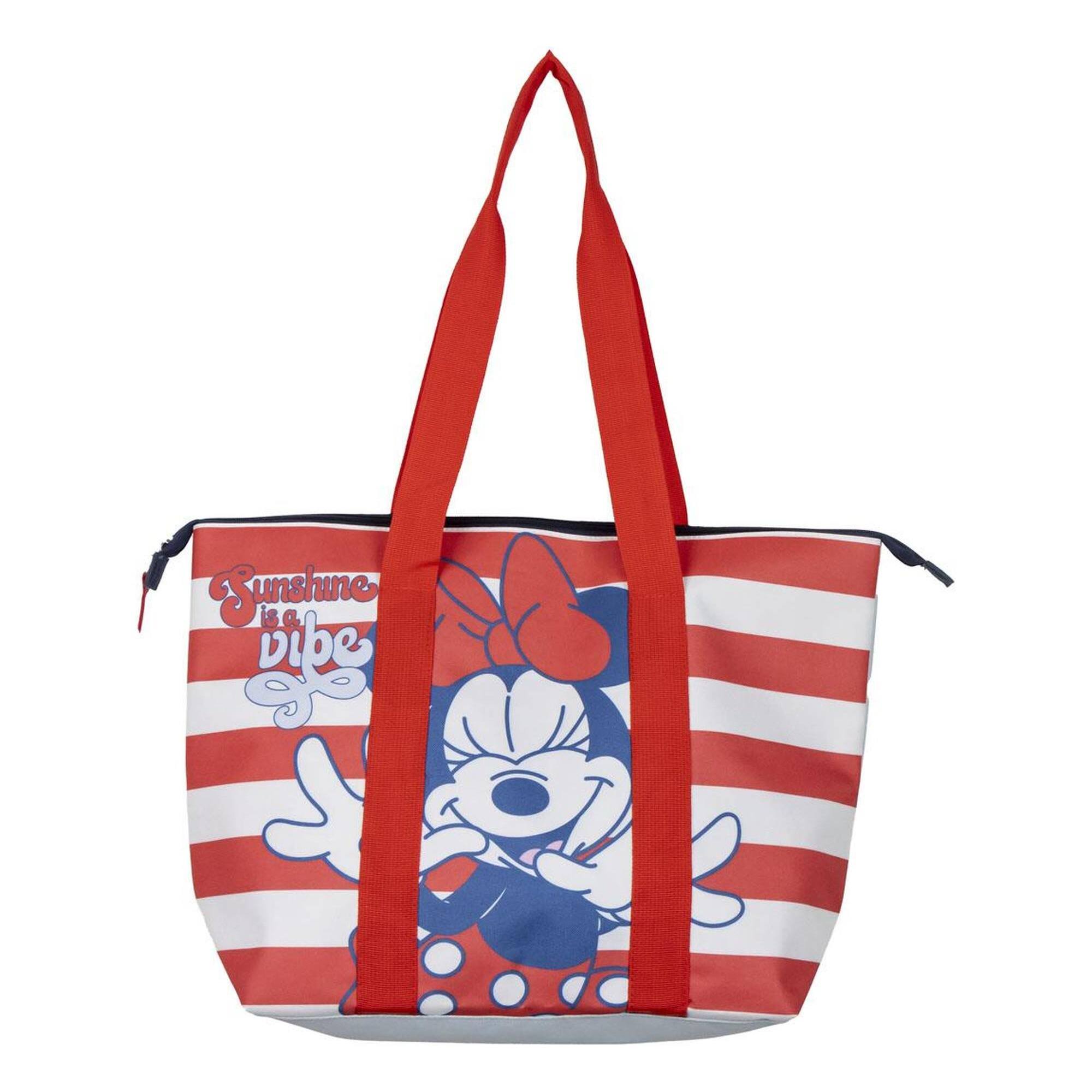 Bolsa de playa de minnie mouse - color rojo y blanco - 47x33x15cm - fabricada en poliéster - con cremallera - compartimento principal espacioso
