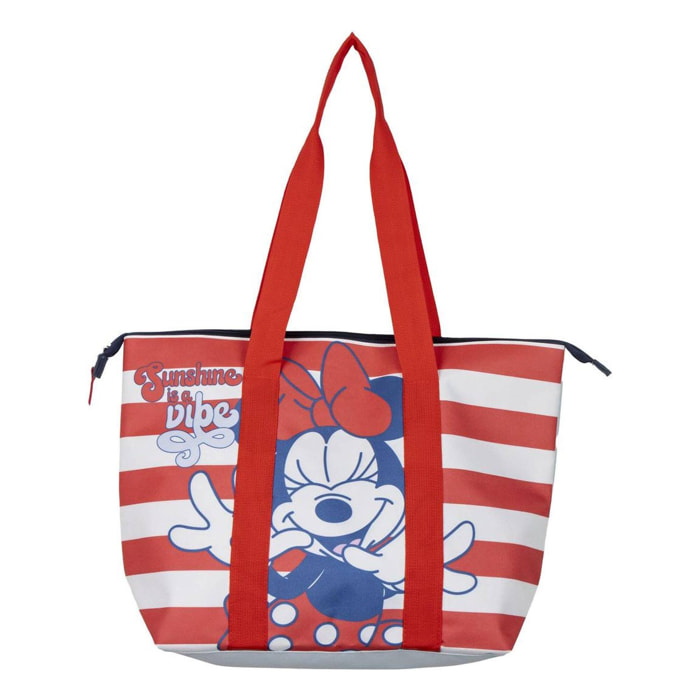Bolsa de playa de minnie mouse - color rojo y blanco - 47x33x15cm - fabricada en poliéster - con cremallera - compartimento principal espacioso