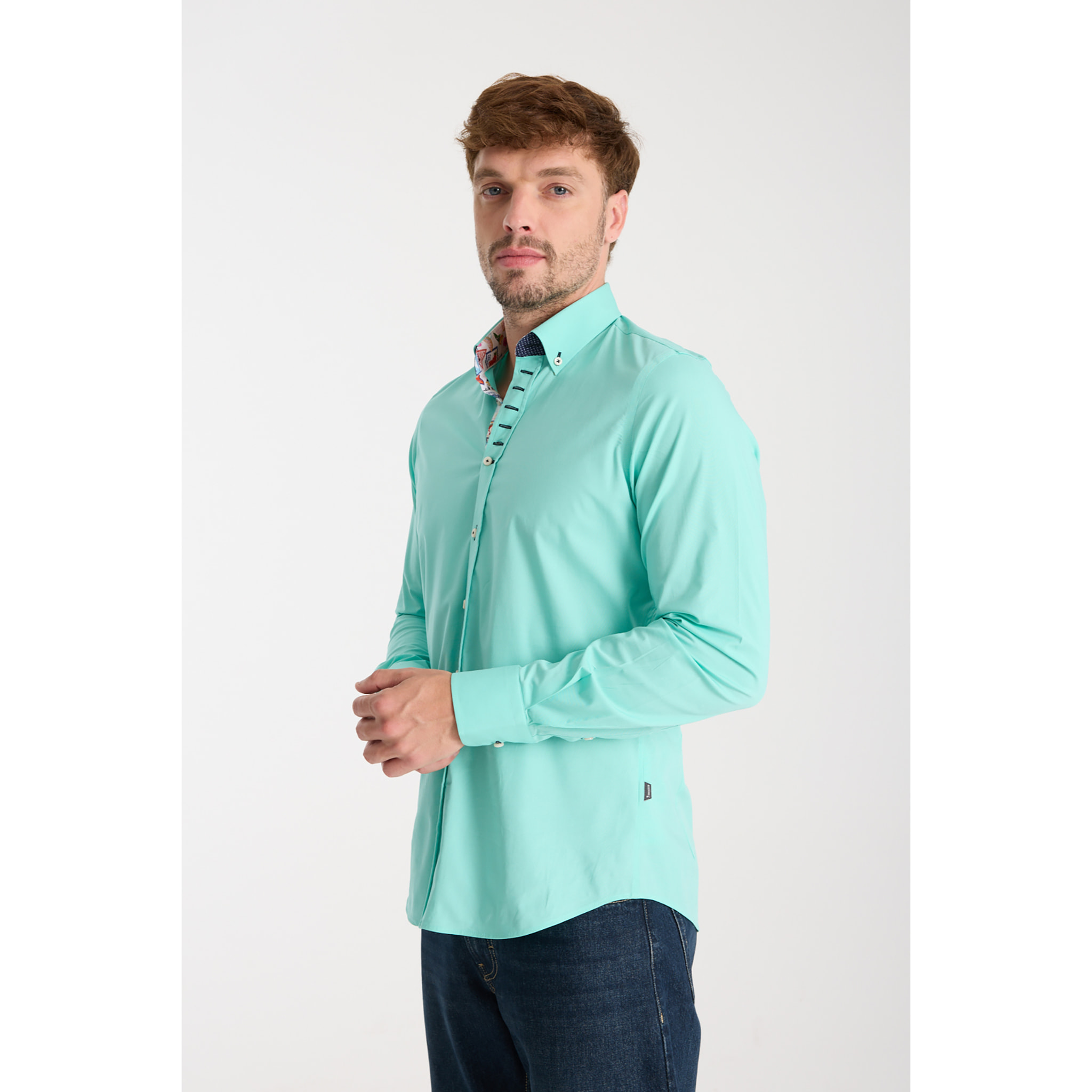 Camicia Uomo 1 Bottoni Button Down Slim Popeline Stretch Unito Verde Acqua