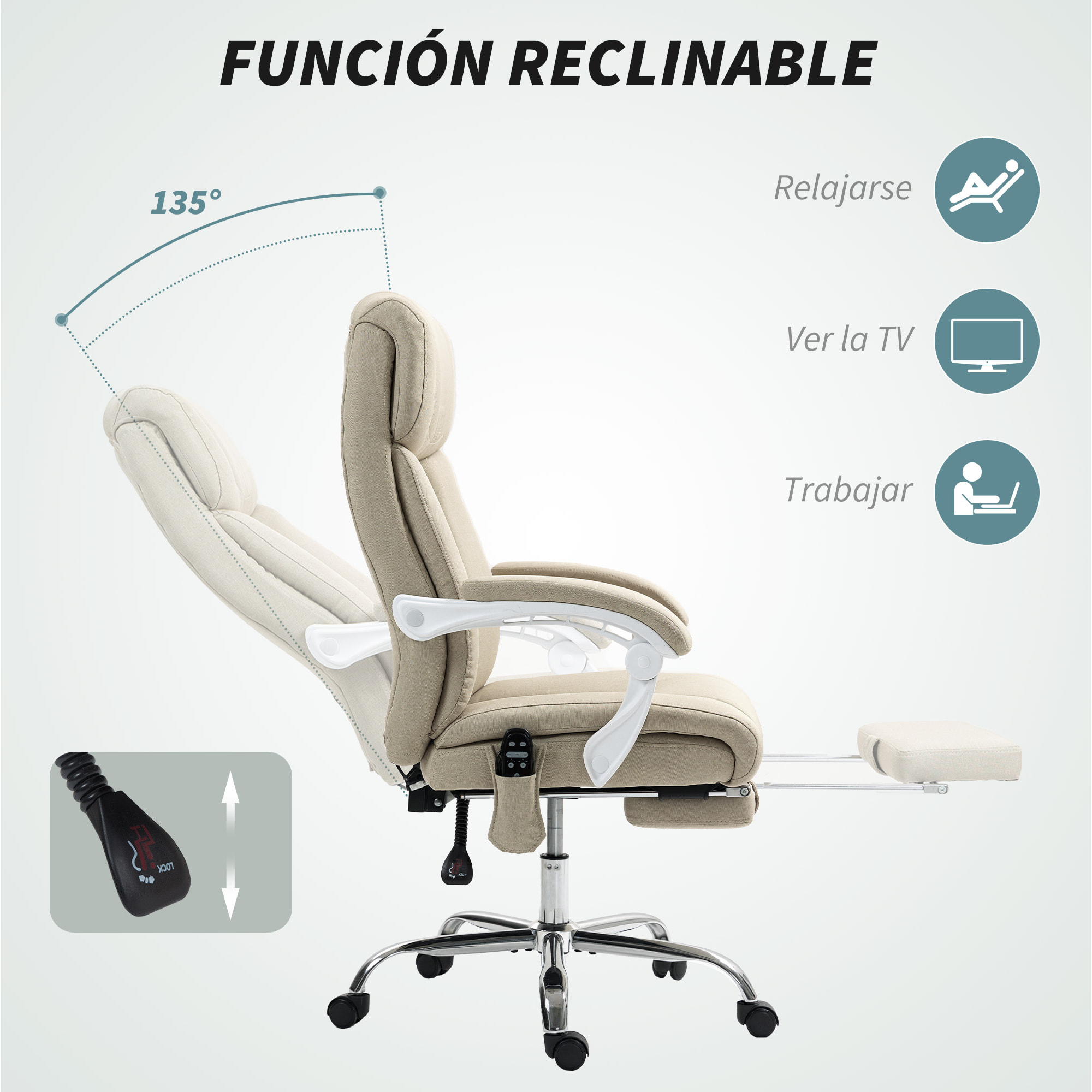 Silla de Oficina con Masaje de 6 Puntos Reclinable Silla de Escritorio Giratoria con Función de Calefacción Altura Ajustable Reposapiés Respaldo Alto y Mando a Distancia para Estudio Beige