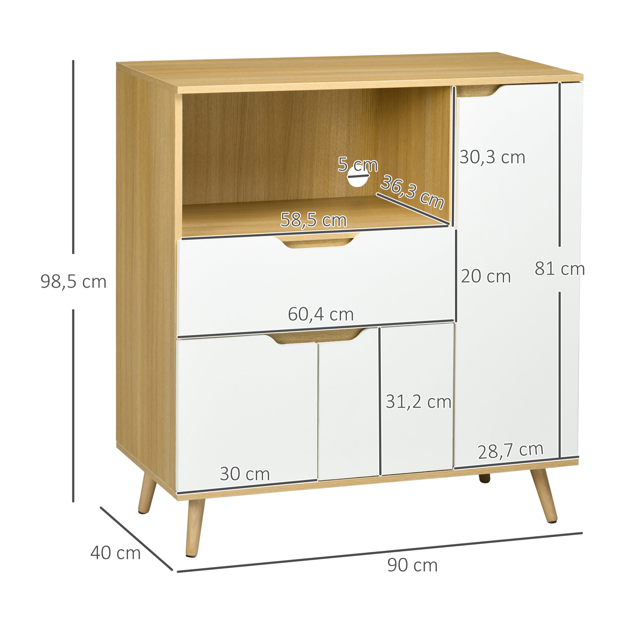 Aparador Auxiliar para Microondas Armario de Cocina Moderno con Cajón 3 Puertas y Compartimiento Aparador de Buffet para Comedor Salón 90x40x98,5 cm Blanco