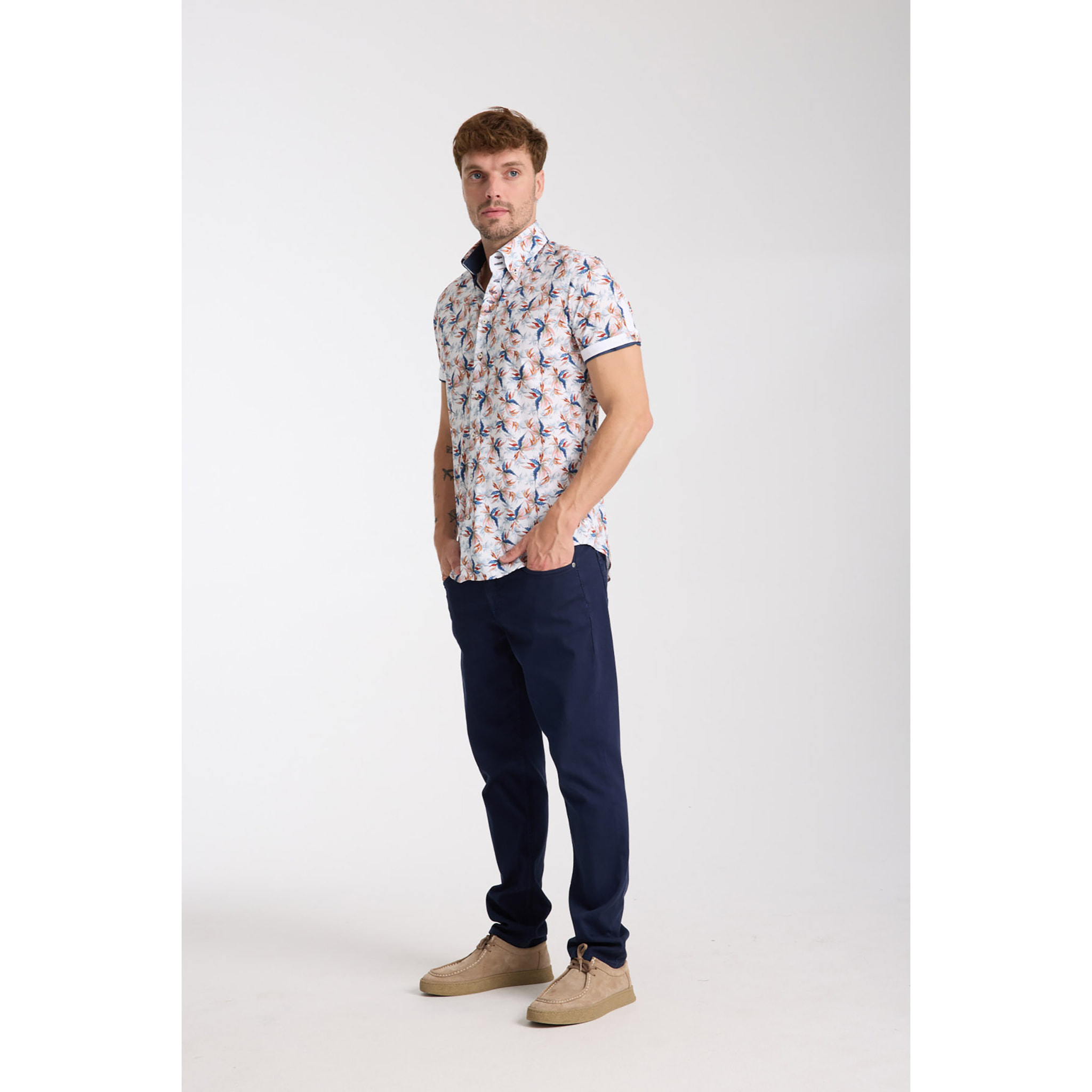 Camicia Uomo Manica Corta 2 Bottoni Button Down 7 Botto Popeline Stretch Stampato Bianco\Blu Inchiostro