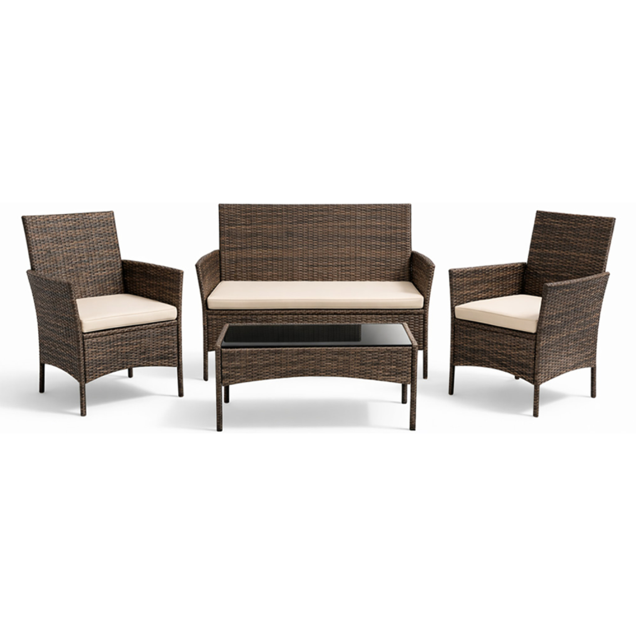 SALOU Ensemble de jardin 4 places en résine tressée marron et coussins beige