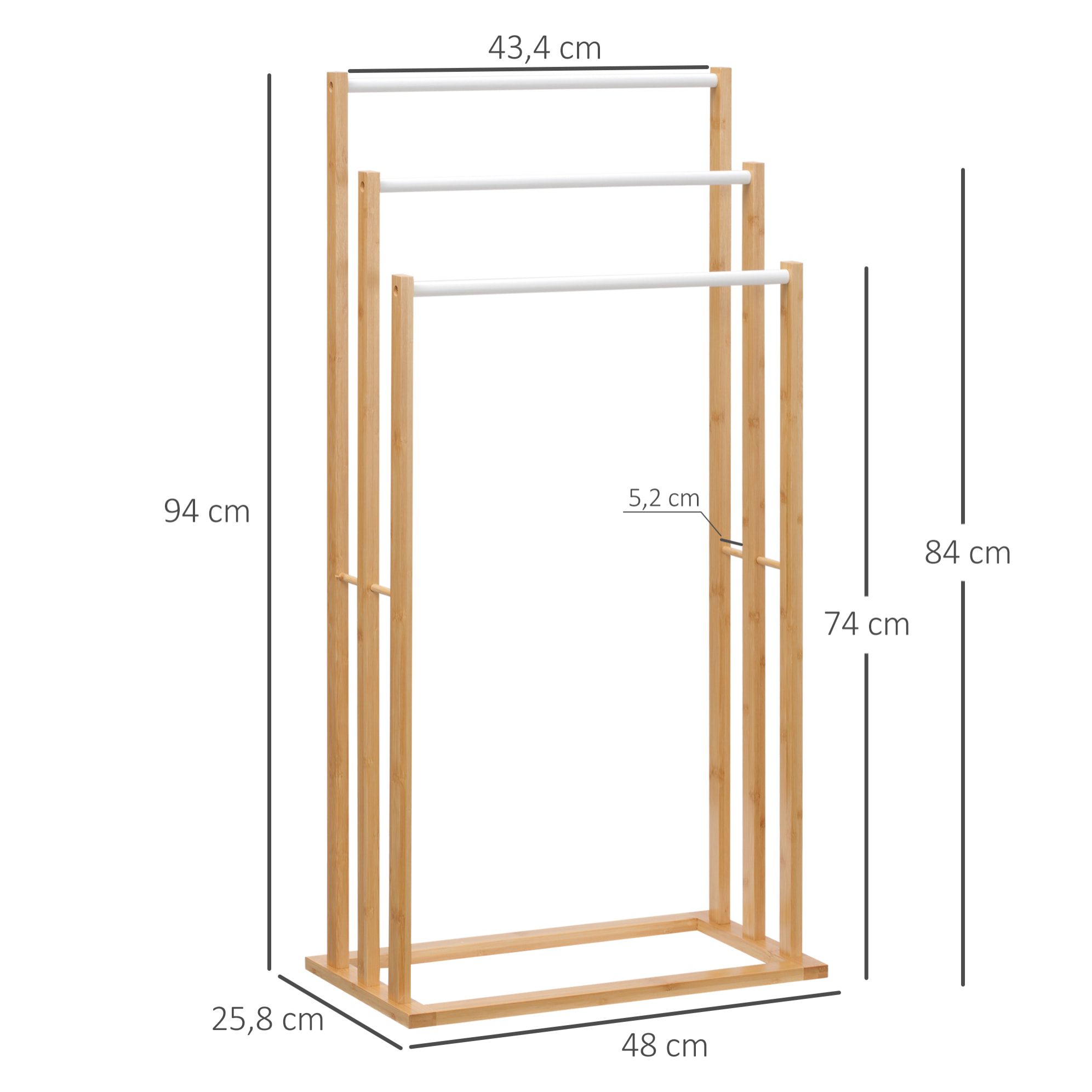 Toallero de Pie de Bambú con 3 Barras Toallero Independiente de 3 Niveles para Baño Lavadero 48x25,8x94 cm Natural