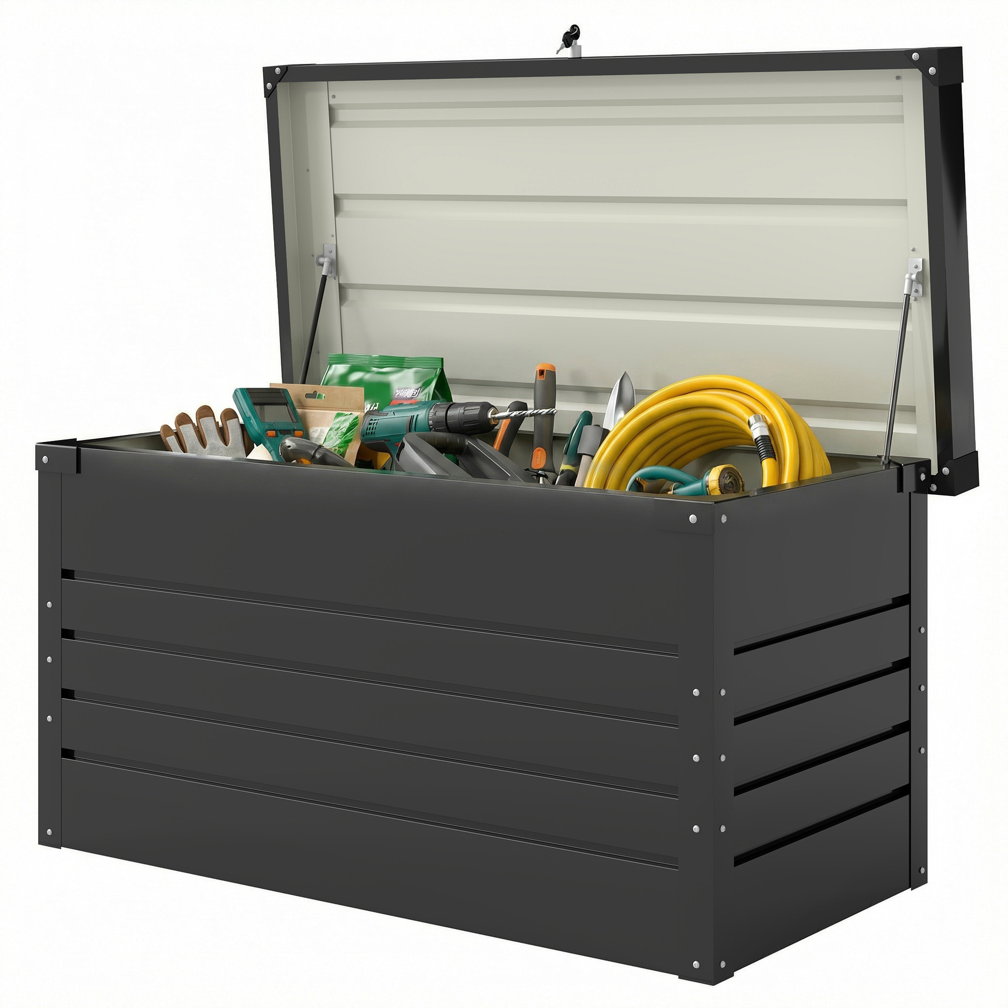 Coffre de jardin acier double couche thermolaqué 450L vérins gaz gris