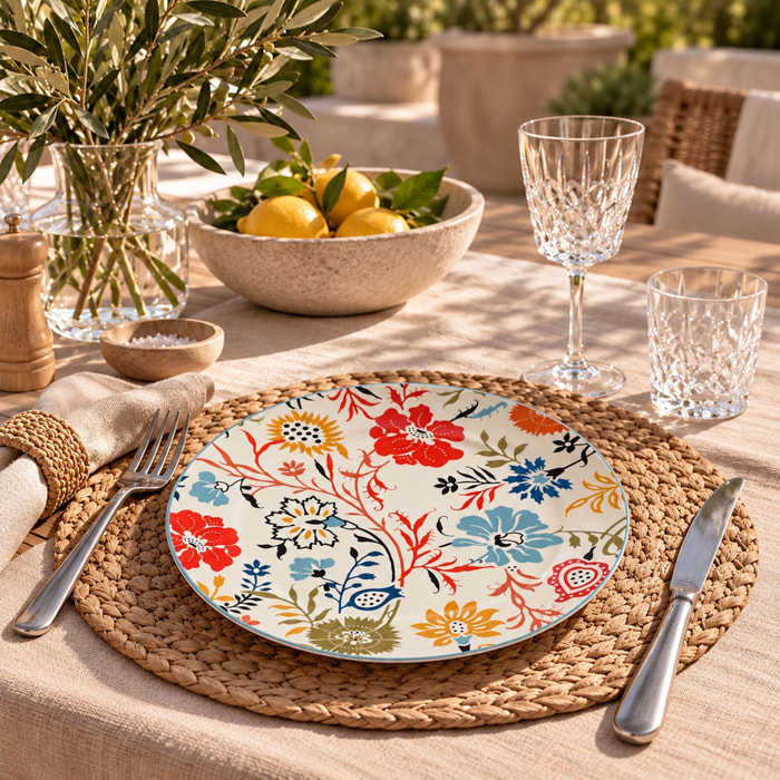 Lot de 6 assiettes plates florales en grès  27cm JAIPUR