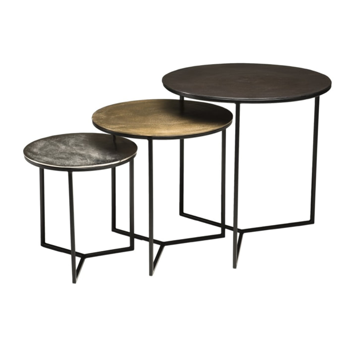 JOHAN - Set de 3 tables gigognes rondes aluminium noir doré argenté - pieds métal noir