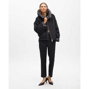 Cappotto Corto Bimateriale con Cappuccio