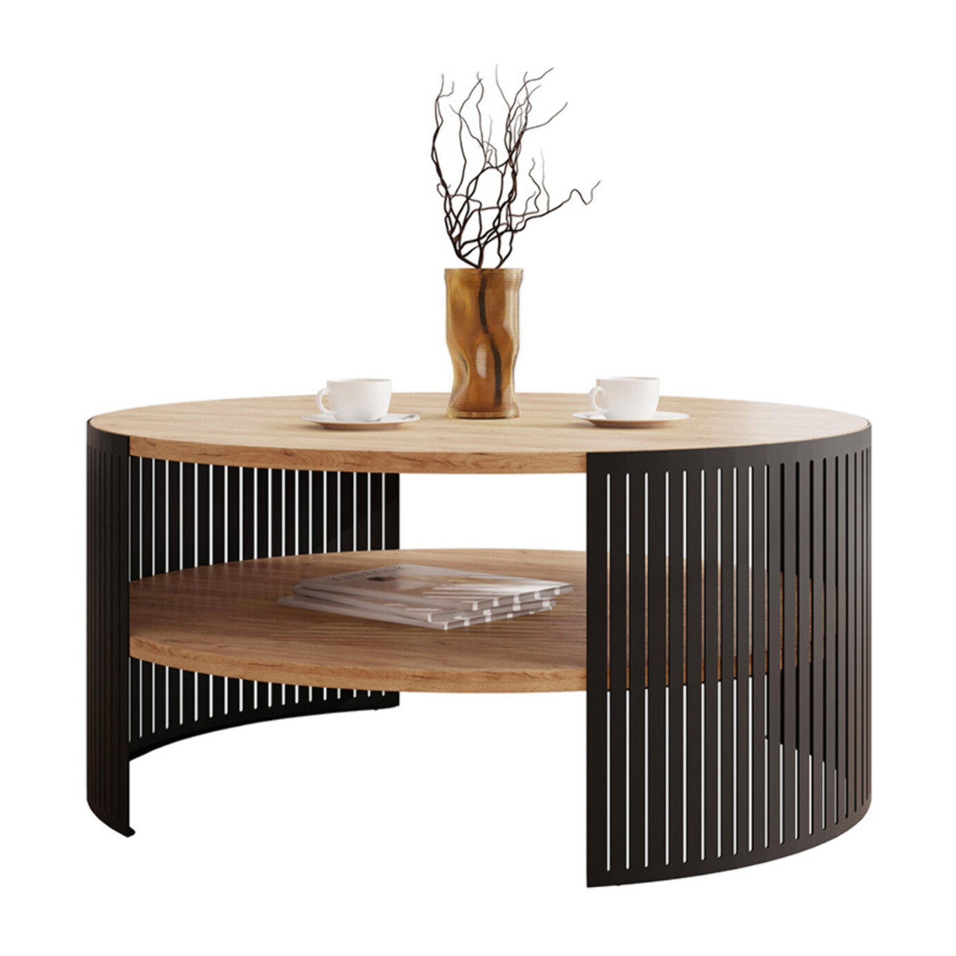 Cruz - table basse ronde - aspect chêne naturel et noir - 1 niche - 75 cm - Noir / Bois