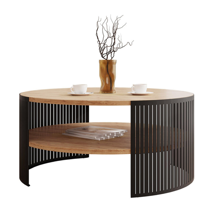 Cruz - table basse ronde - aspect chêne naturel et noir - 1 niche - 75 cm - Noir / Bois