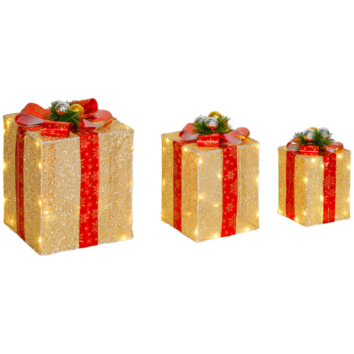 Juego de 3 Cajas de Regalo Navidad con Luces, Adornos Luminosos para Árbol de Navidad con 58 LED Blanco Cálido, Illuminación Navideña para Interior, Exterior y Fiesta, Dorado