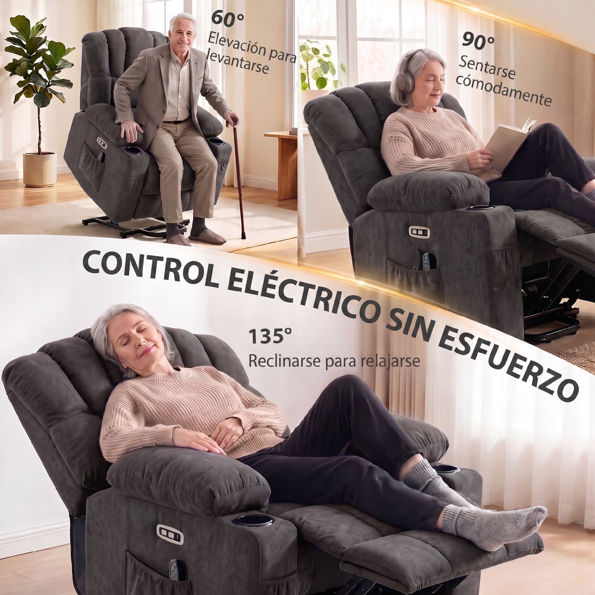 Sillón Relax Reclinable Eléctrico Levanta Personas Mayores con 8 Puntos Masaje Vibratorio y Calor, Sillón Elevador, Asiento Ancho, USB-C, USB-A, Bolsillos, Portavasos, Reposapiés, de Rizo Negro
