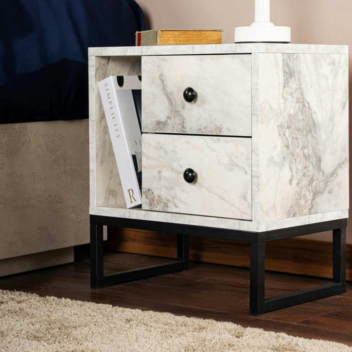 Table de nuit 2 tiroirs 1 niche, effet marbre blanc JENA