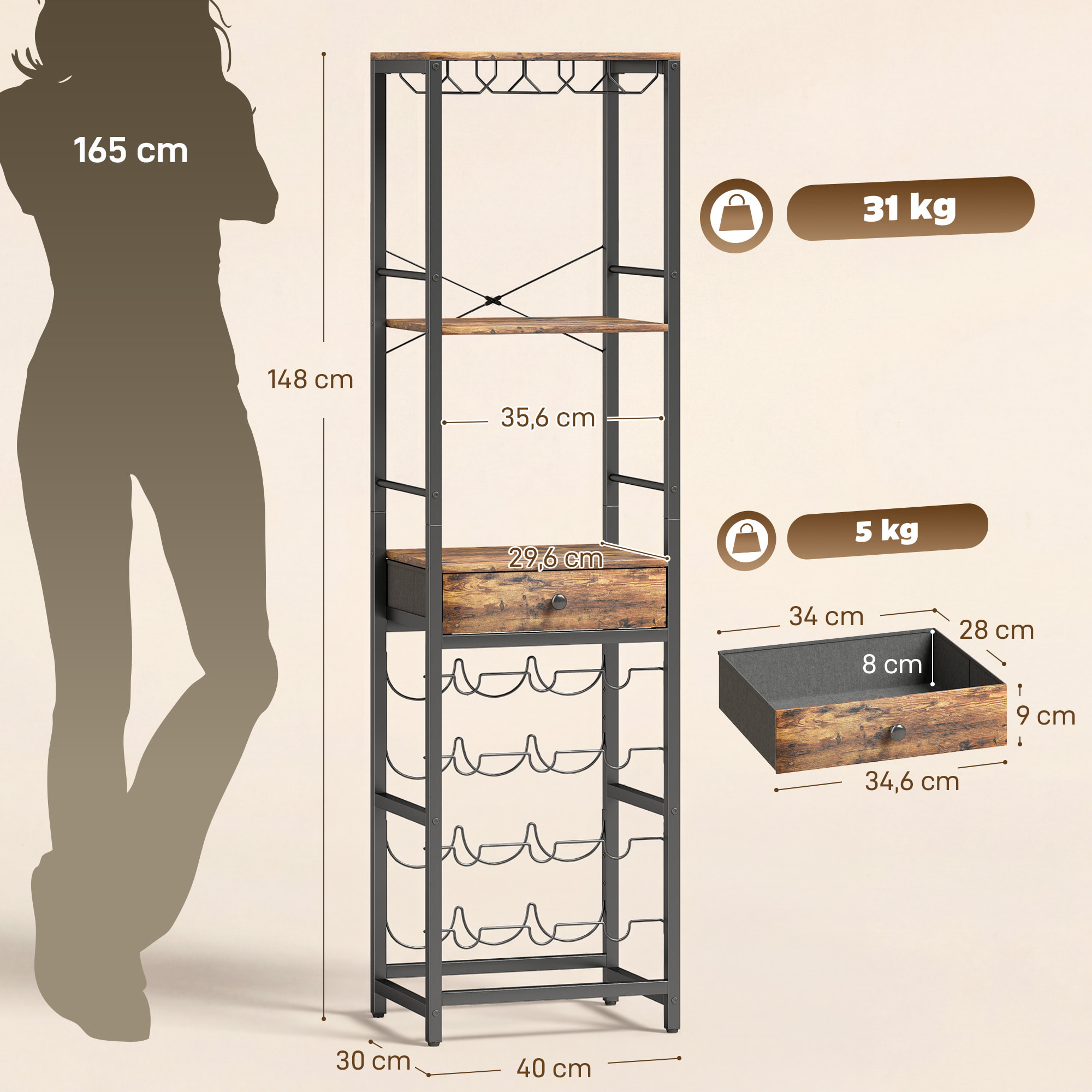 Mueble de Bar para Vinos con Soporte de Copas y Cajón, Botellero para 12 Botellas, con Estante Abierto, Estilo Industrial, para Cocina, Comedor, Bar, 40x30x148 cm, Marrón Rústico