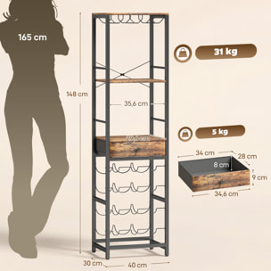 Mueble de Bar para Vinos con Soporte de Copas y Cajón, Botellero para 12 Botellas, con Estante Abierto, Estilo Industrial, para Cocina, Comedor, Bar, 40x30x148 cm, Marrón Rústico