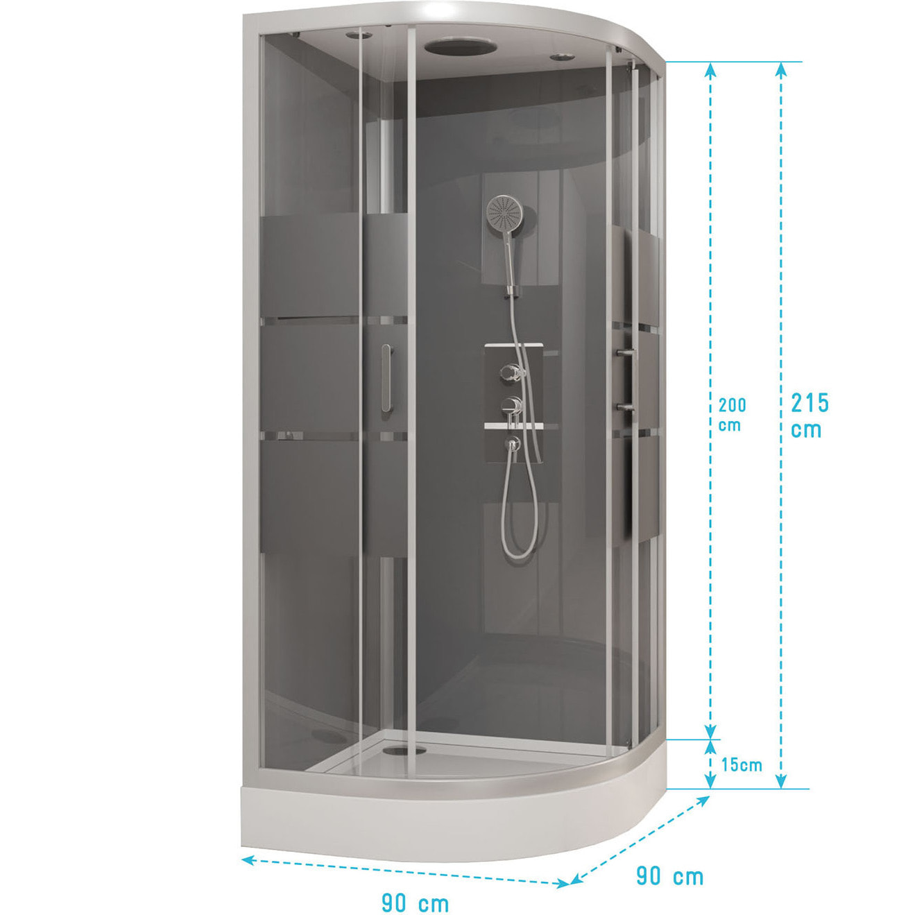 Cabine de douche 1/4 de cercle 90x90x215cm avec bande depolie - SILVERY STRIPE ROUND