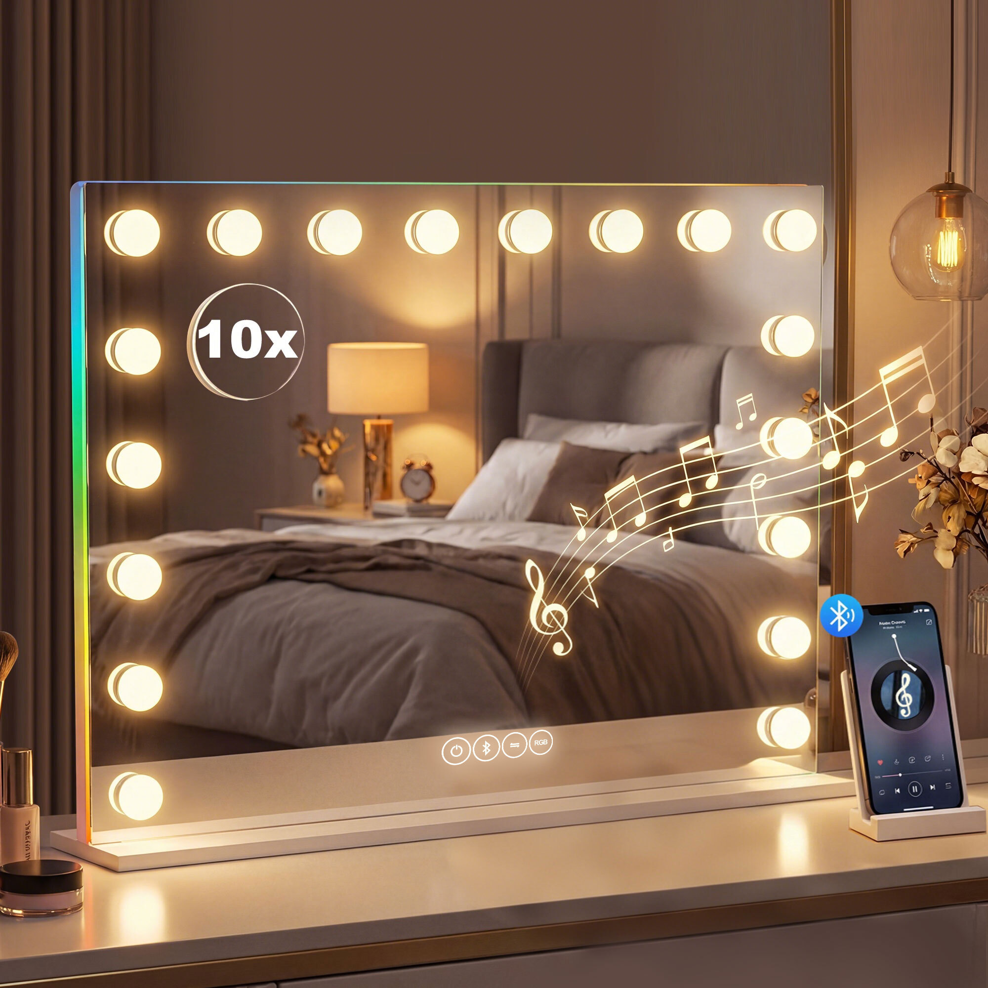 Miroir maquillage Hollywood lumineux LED tactile réglable 18 ampoules HP bluetooth