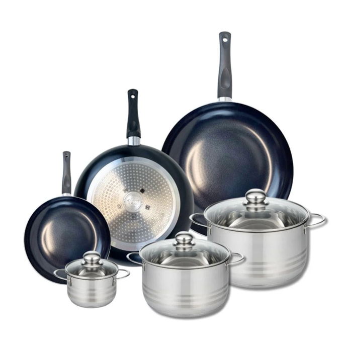 Ensemble de 3 Poêles de cuisson 20, 28 et 32 cm et 3 faitouts 12, 20 et 24 cm Elo Prima Brillant