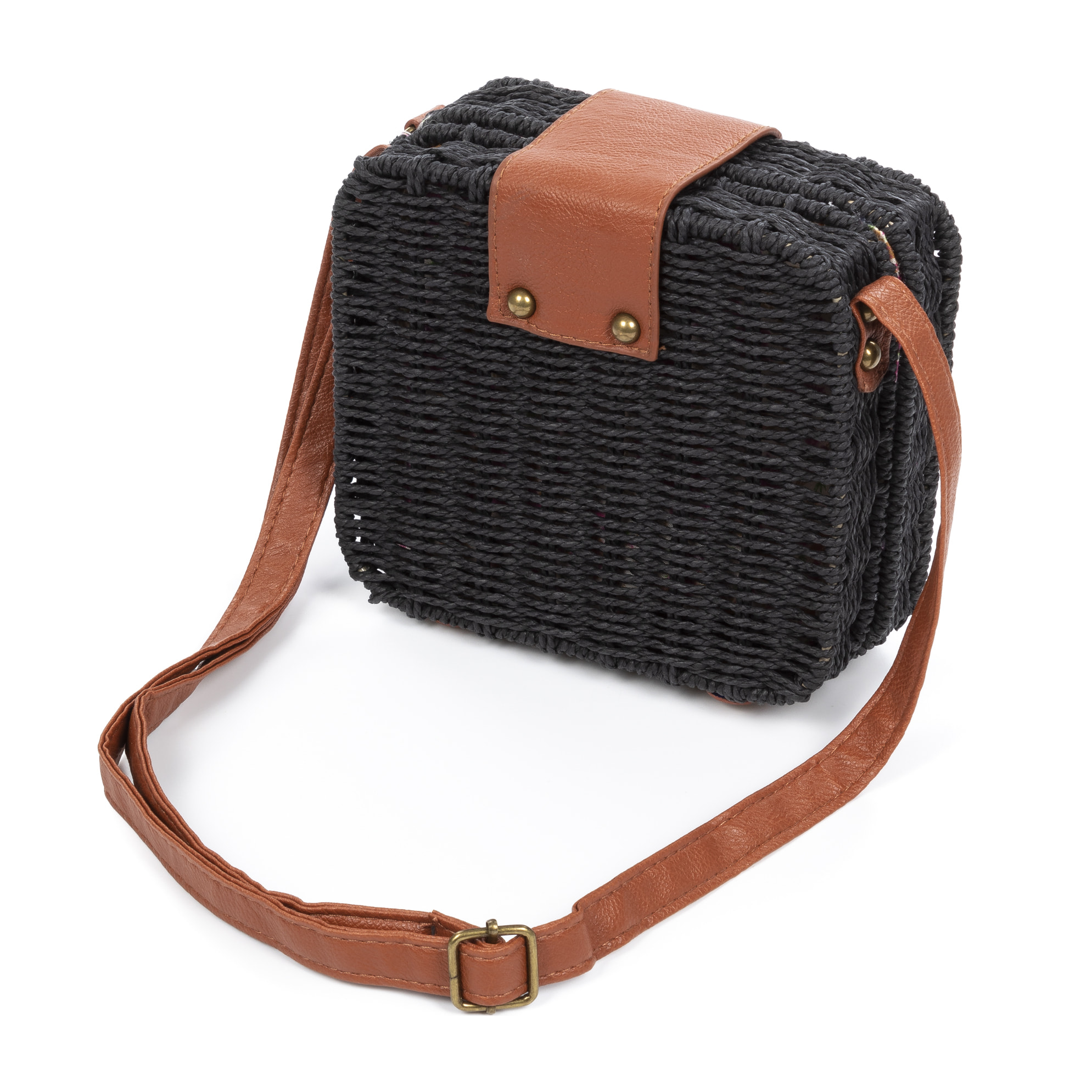 IRIA QUINTANA Borsa a tracolla da donna Empoli. Tessuto Paglia Pelle Sintetica PU 18x7x17 Cm. Colore nero