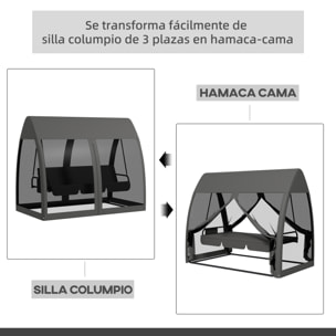 Balancín de Jardín de 3 Plazas Convertible en Cama Columpio Jardín Exterior con Mosquitera Estructura de Metal Carga 300 kg 240x140x197 cm Gris