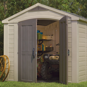 Factor 8x11 - Casetta da Giardino 256,50x243x331,50 cm 2 Ante per deposito attrezzi finitura effetto legno in Resina Beige