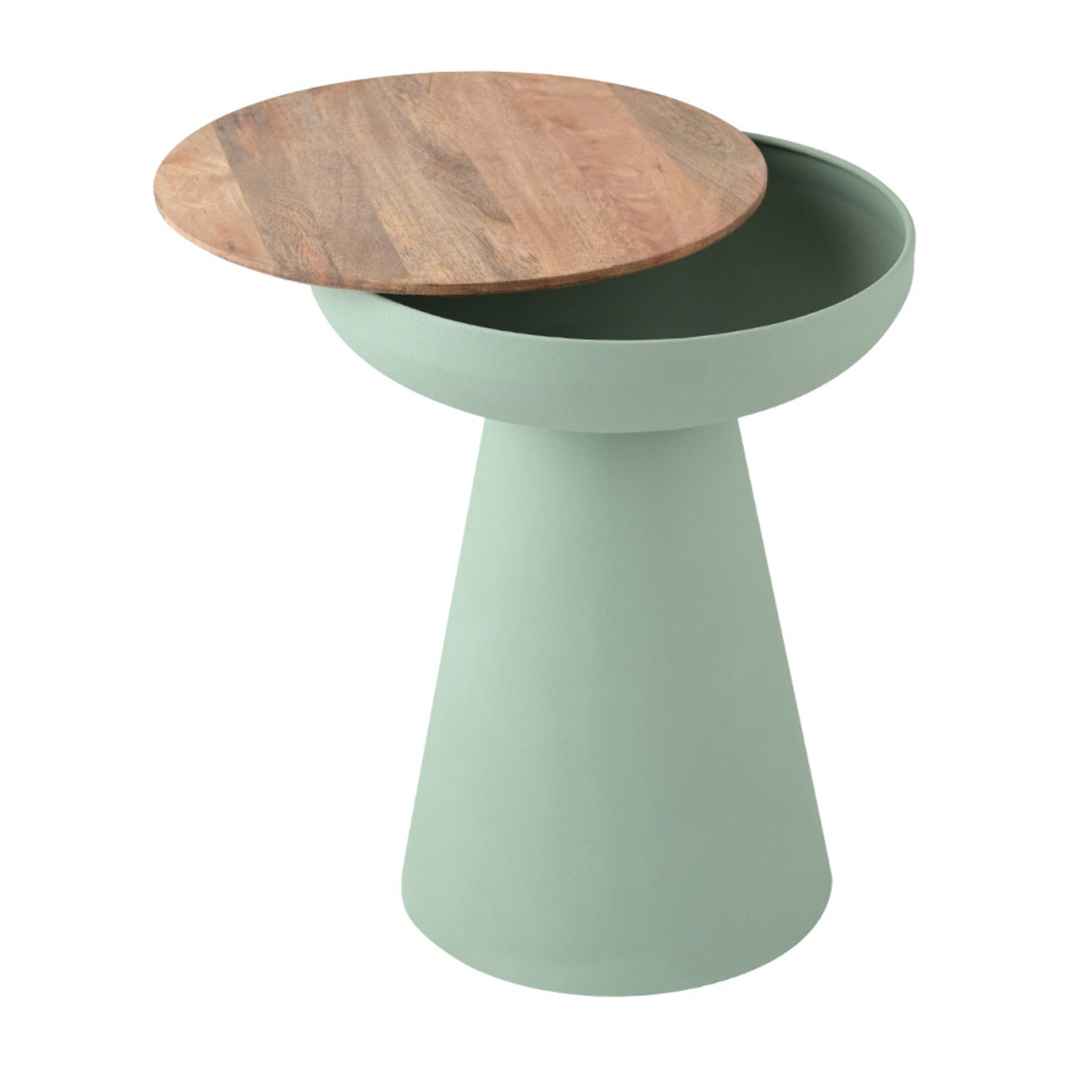 Table d'appoint ronde design avec rangement en métal vert céladon et bois manguier massif H52 cm TAM