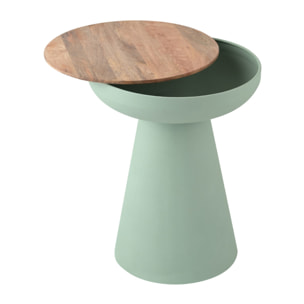 Table d'appoint ronde design avec rangement en métal vert céladon et bois manguier massif H52 cm TAM